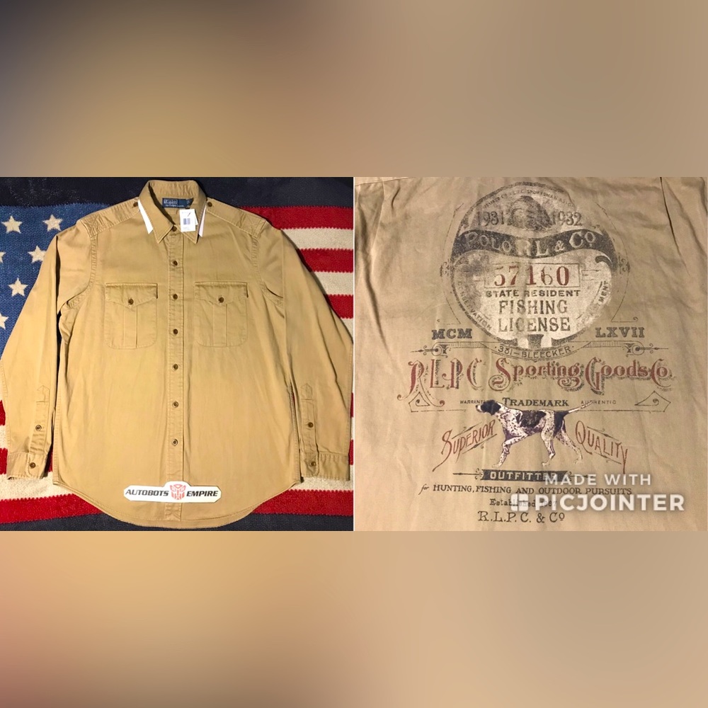 Vintage Ralph Lauren Polo RLPC Sportsman FISHING DOG HUNTING Shirt L Rlx Rod Usa